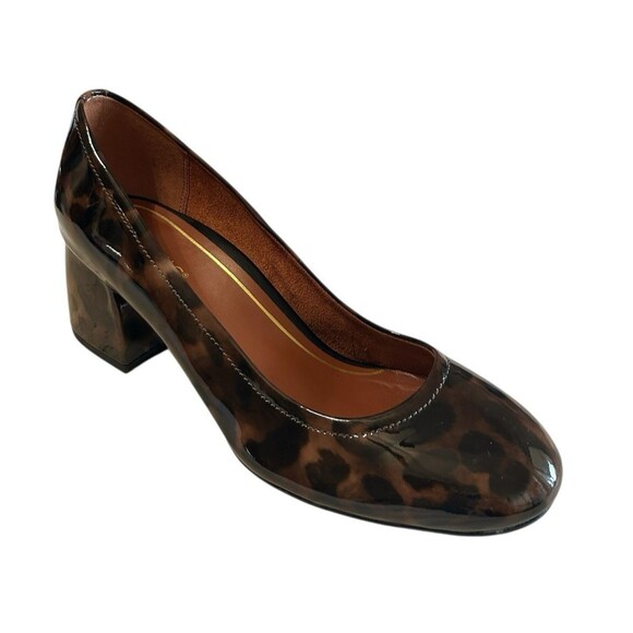 Vionic Dress Pump Womens Sz 9 Leopard Carmel Black Patent Leather Block Heel - Picture 1 of 14